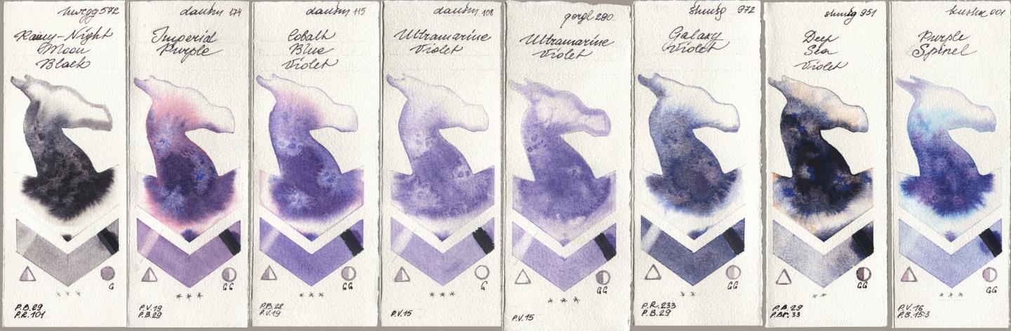 Holbein Artists Watercolor 572 Rainy-Night Moon Back, Daniel Smith 174 Imperial Purple, 115 Cobalt Blue Violet, 108 Ultramarine Violet, Golden QOR 290 Ultramarine Violet, Shminke Horadam Aquarell 972 Galaxy Violet, 951 Deep Sea Violet, Kusakabe 001 Purple Spin watercolor swatch