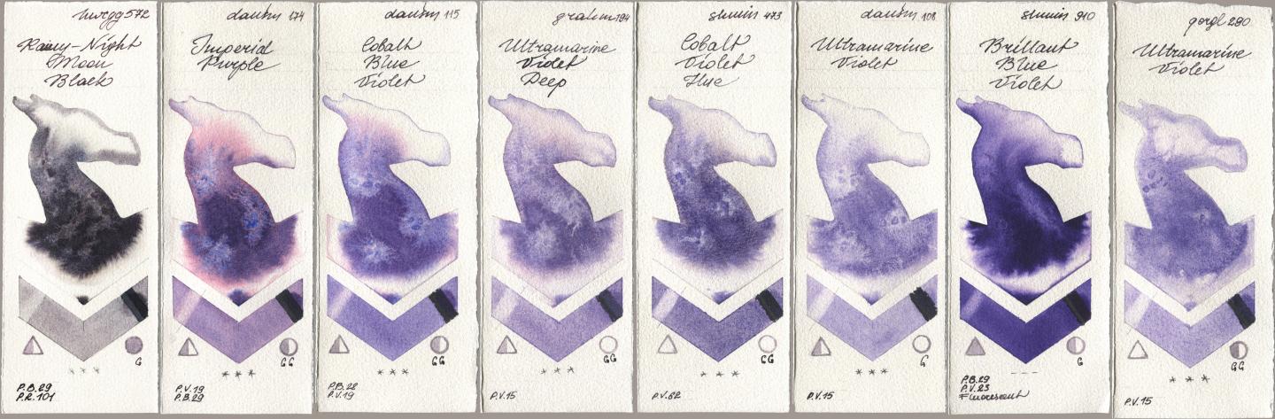 Holbein Artists Watercolor 572 Rainy-Night Moon Back, Daniel Smith 174 Imperial Purple, 115 Cobalt Blue Violet, M. Graham & Co. Artists 194 Ultramarine Violet Deep, Shminke Horadam Aquarell 473 Cobalt Violet Hue, 108 Ultramarine Violet, 910 Brilliant Blue Violet, Golden QOR 290 Ultramarine Viol watercolor swatch