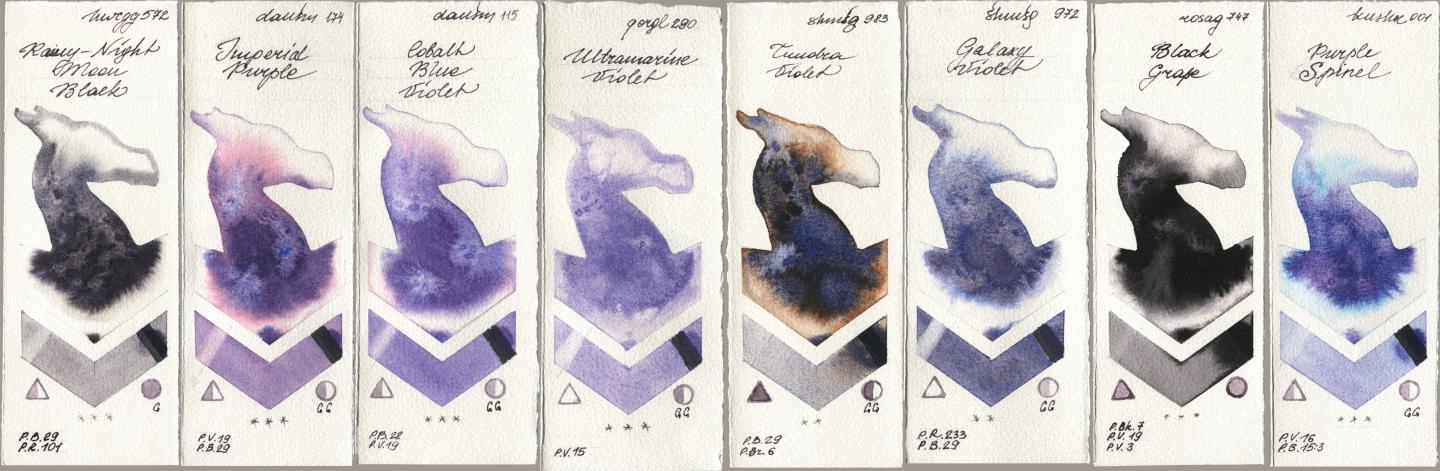 Holbein Artists Watercolor 572 Rainy-Night Moon Back, Daniel Smith 174 Imperial Purple, 115 Cobalt Blue Violet, Golden QOR 290 Ultramarine Violet, Shminke Horadam Aquarell 983 Tundra Violet, 972 Galaxy Violet, Rosa Gallery 747 Black Grape, Kusakabe 001 Purple Spin watercolor swatch