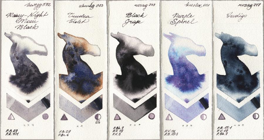 Holbein Artists Watercolor 572 Rainy-Night Moon Back vs Shminke Horadam Aquarell 983 Tundra Violet vs Rosa Gallery 747 Black Grape vs Kusakabe 001 Purple Spinel vs 717 Indigo watercolor swatch