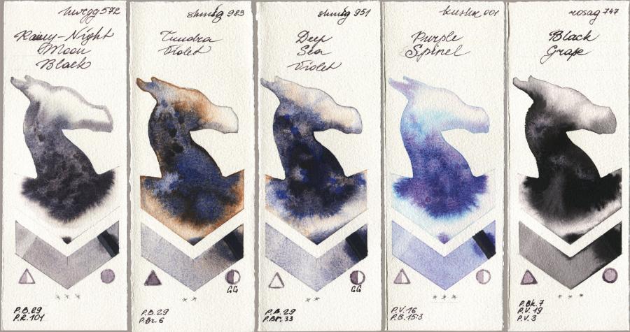 Holbein Artists Watercolor 572 Rainy-Night Moon Back vs Shminke Horadam Aquarell 983 Tundra Violet vs 951 Deep Sea Violet vs Kusakabe 001 Purple Spinel vs Rosa Gallery 747 Black Grape watercolor swatch