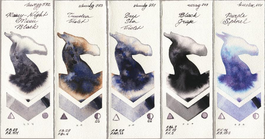 Holbein Artists Watercolor 572 Rainy-Night Moon Back vs Shminke Horadam Aquarell 983 Tundra Violet vs 951 Deep Sea Violet vs Rosa Gallery 747 Black Grape vs Kusakabe 001 Purple Spinel watercolor swatch
