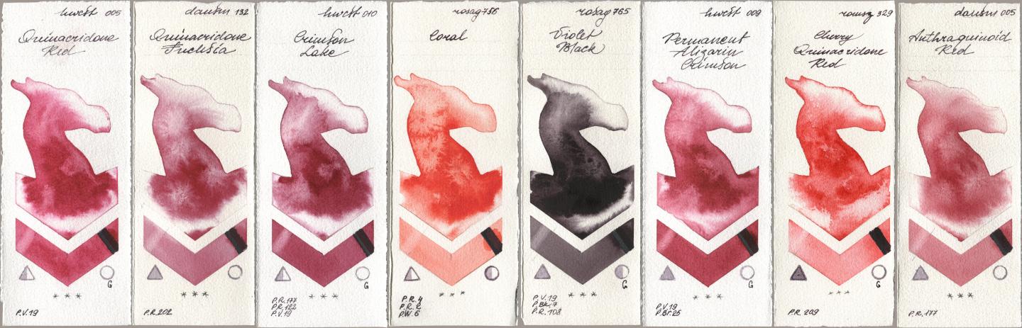 Holbein Artists Watercolor 005 Quinacridone Red, Daniel Smith 132 Quinacridone Fuchsia, 010 Crimson Lake, Rosa Gallery 756 Coral, 765 Violet Black, 009 Permanent Alizarin Crimson, Roman Szmal Aquarius 329 Cherry Quinacridone Red, 005 Anthraquinoid R watercolor swatch