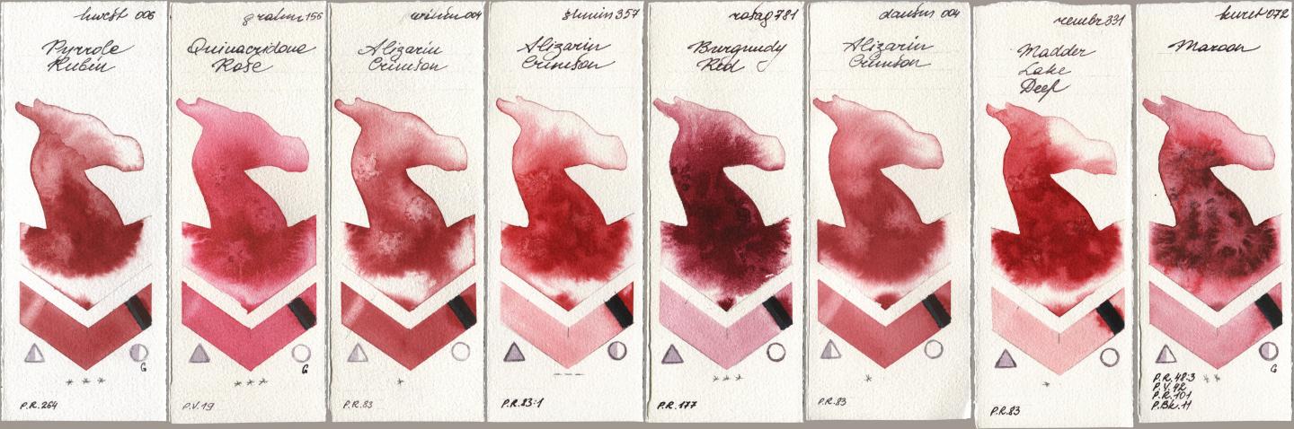 Holbein Artists Watercolor 006 Pyrrole Rubin, M. Graham & Co. Artists 156 Quinacridone Rose, Winsor & Newton Professional 004 Alizarin Crimson, Shminke Horadam Aquarell 357 Alizarin Crimson, Rosa Gallery 781 Burgundy Red, Daniel Smith 004 Alizarin Crimson, Royal Talens Rembrandt Watercolour 331 Madder Lake Deep, Kuretake Gansai Tambi 072 Maro watercolor swatch