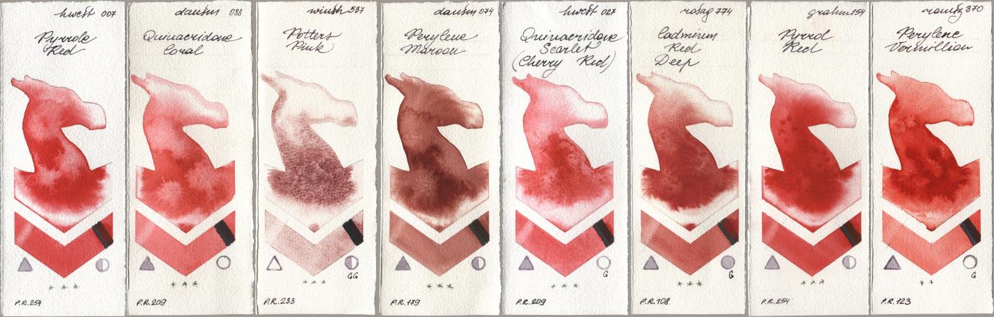 Holbein Artists Watercolor 007 Pyrrole Red, Daniel Smith 088 Quinacridone Coral, Winsor & Newton Professional 537 Potters Pink, 074 Perylene Maroon, 027 Quinacridone Scarlet (Cherry Red), Rosa Gallery 774 Cadmium Red Deep, M. Graham & Co. Artists 154 Pyrrol Red, Roman Szmal Aquarius 370 Perylene Vermilli watercolor swatch