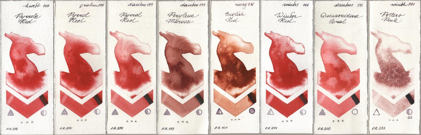 Holbein Artists Watercolor 007 Pyrrole Red, M. Graham & Co. Artists 154 Pyrrol Red, Daniel Smith 084 Pyrrol Red, 074 Perylene Maroon, Rosa Gallery 736 English Red, Winsor & Newton Professional 726 Winsor Red, 088 Quinacridone Coral, 537 Potters Pi watercolor swatch