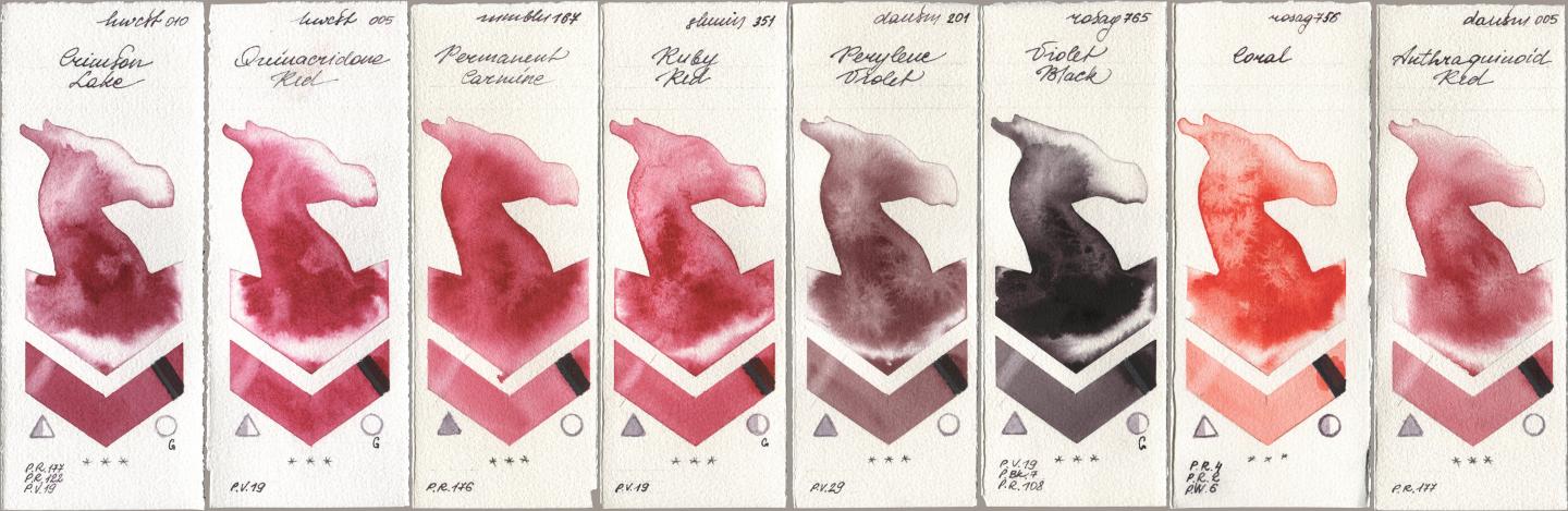 Holbein Artists Watercolor 010 Crimson Lake, 005 Quinacridone Red, Maimeri Blu 167 Permanent Carmine, Shminke Horadam Aquarell 351 Ruby Red, Daniel Smith 201 Perylene Violet, Rosa Gallery 765 Violet Black, 756 Coral, 005 Anthraquinoid R watercolor swatch