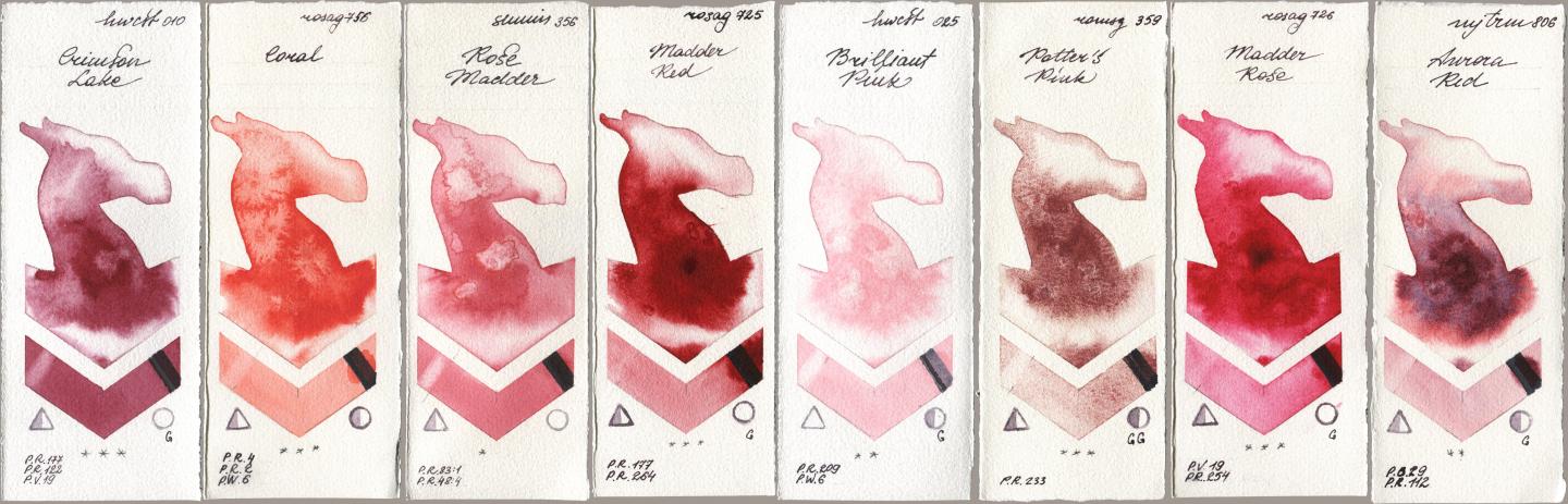 Holbein Artists Watercolor 010 Crimson Lake, Rosa Gallery 756 Coral, Shminke Horadam Aquarell 356 Rose Madder, 725 Madder Red, 025 Brilliant Pink, Roman Szmal Aquarius 359 Potters Pink, 726 Madder Rose, Mijello Mission Gold 806 Aurora R watercolor swatch