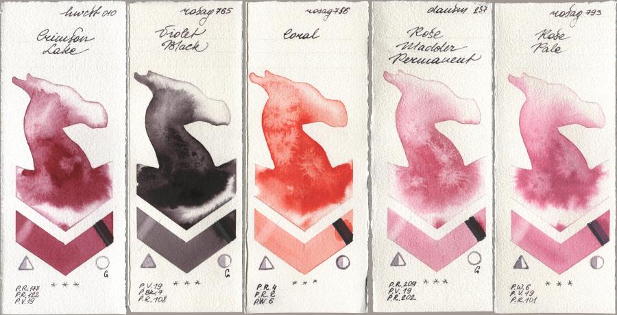 Holbein Artists Watercolor 010 Crimson Lake, Rosa Gallery 765 Violet Black, 756 Coral, Daniel Smith 237 Rose Madder Permanent, 793 Rose Pa watercolor swatch