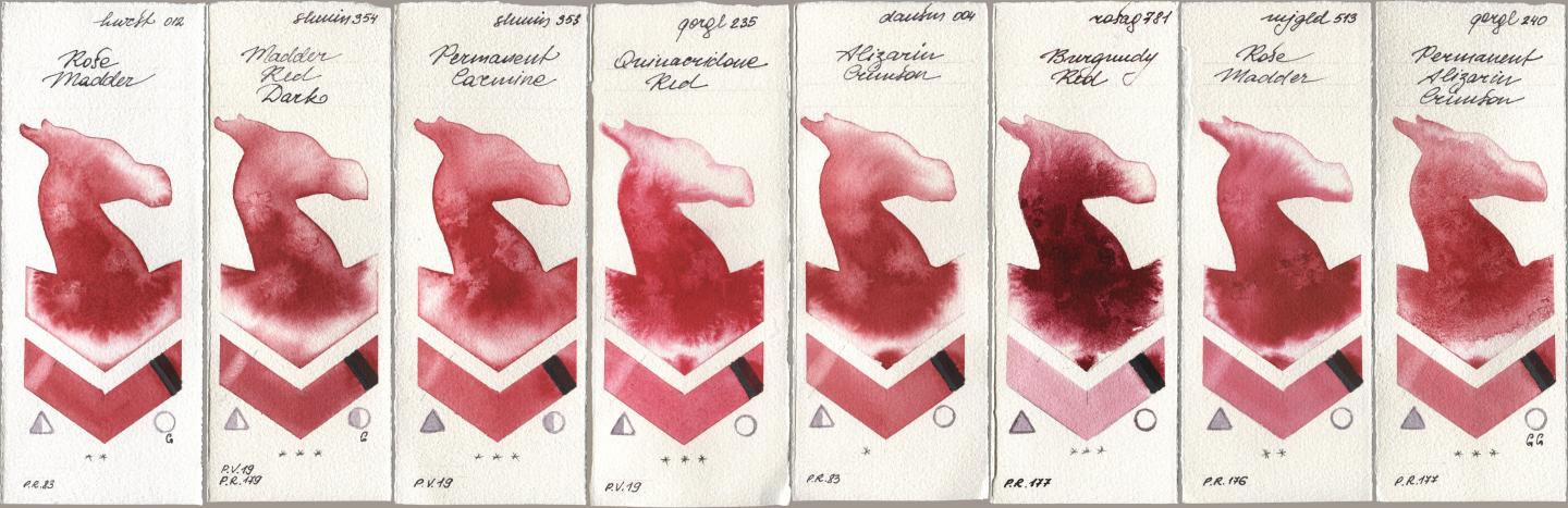 Holbein Artists Watercolor 012 Rose Madder, Shminke Horadam Aquarell 354 Madder Red Dark, 353 Permanent Carmine, Golden QOR 235 Quinacridone Red, Daniel Smith 004 Alizarin Crimson, Rosa Gallery 781 Burgundy Red, Mijello Mission Gold 513 Rose Madder, 240 Permanent Alizarin Crims watercolor swatch