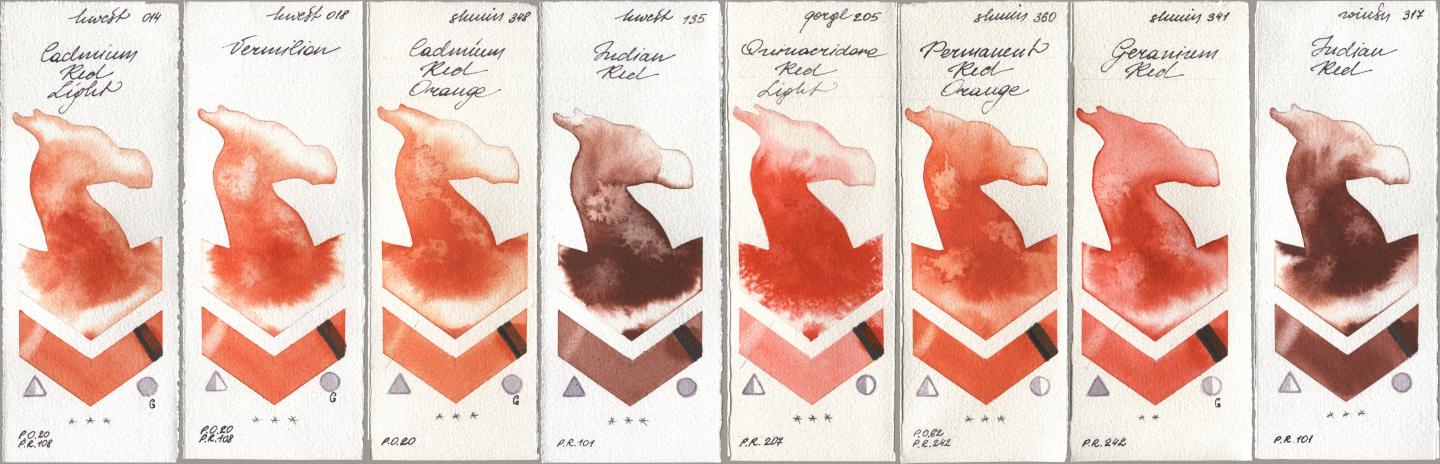 Holbein Artists Watercolor 014 Cadmium Red Light, 018 Vermilion, Shminke Horadam Aquarell 348 Cadmium Red Orange, 135 Indian Red, Golden QOR 205 Quinacridone Red Light, 360 Permanent Red Orange, 341 Geranium Red, Winsor & Newton Professional 317 Indian R watercolor swatch