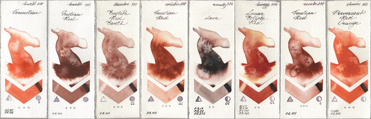 Holbein Artists Watercolor 018 Vermilion, 135 Indian Red, Daniel Smith 137 English Red Earth, Winsor & Newton Professional 678 Venetian Red, Roman Szmal Aquarius 384 Lava, 505 Lunar Eclipse Red, Royal Talens Rembrandt Watercolour 349 Venerian Red, Shminke Horadam Aquarell 360 Permanent Red Oran watercolor swatch