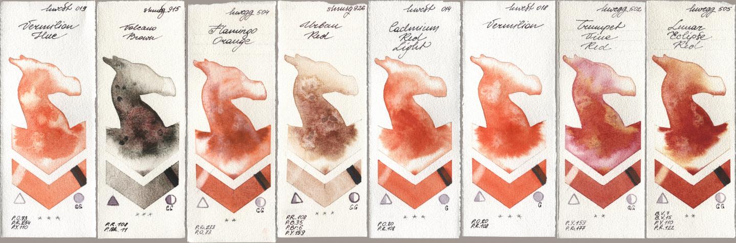 Holbein Artists Watercolor 019 Vermilion Hue, Shminke Horadam Aquarell 915 Volcano Brown, 504 Flamingo Orange, 926 Urban Red, 014 Cadmium Red Light, 018 Vermilion, 502 Trumpet Vine Red, 505 Lunar Eclipse R watercolor swatch
