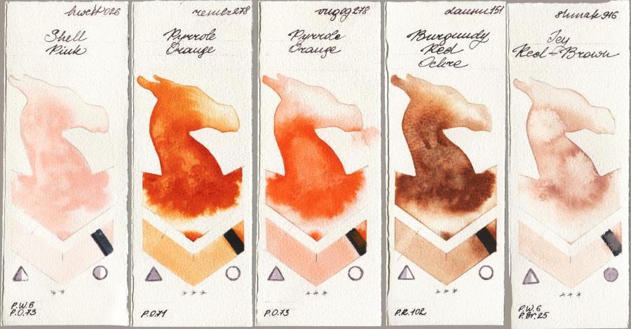 Holbein Artists Watercolor 026 Shell Pink vs Royal Talens Rembrandt Watercolour 278 Pyrrole Orange vs Royal Talens Van Gogh Watercolour 278 Pyrrole Orange vs Daniel Smith 151 Burgundy Red Ochre vs Shminke Akademie Aquarell 916 Icy Red-Brown watercolor swatch