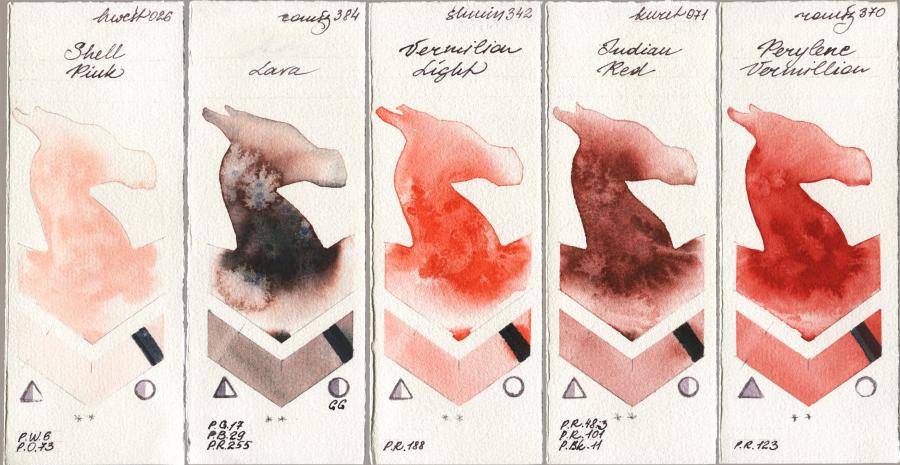 Holbein Artists Watercolor 026 Shell Pink vs Roman Szmal Aquarius 384 Lava vs Shminke Horadam Aquarell 342 Vermilion Light vs Kuretake Gansai Tambi 071 Indian Red vs 370 Perylene Vermillion watercolor swatch