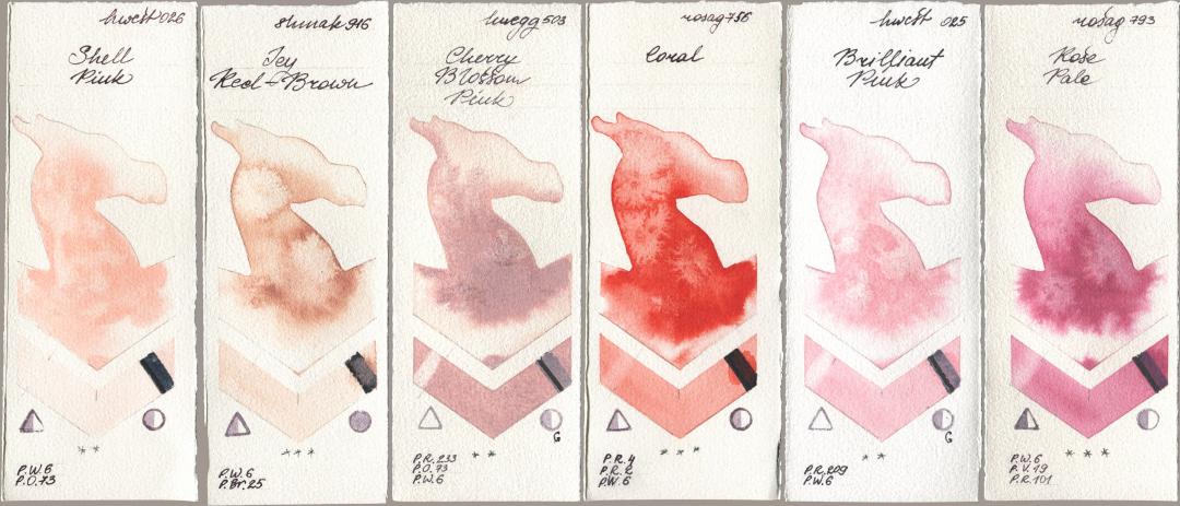 Holbein Artists Watercolor 026 Shell Pink, Shminke Akademie Aquarell 916 Icy Red-Brown, 503 Cherry Blossom Pink, Rosa Gallery 756 Coral, 025 Brilliant Pink, 793 Rose Pa watercolor swatch
