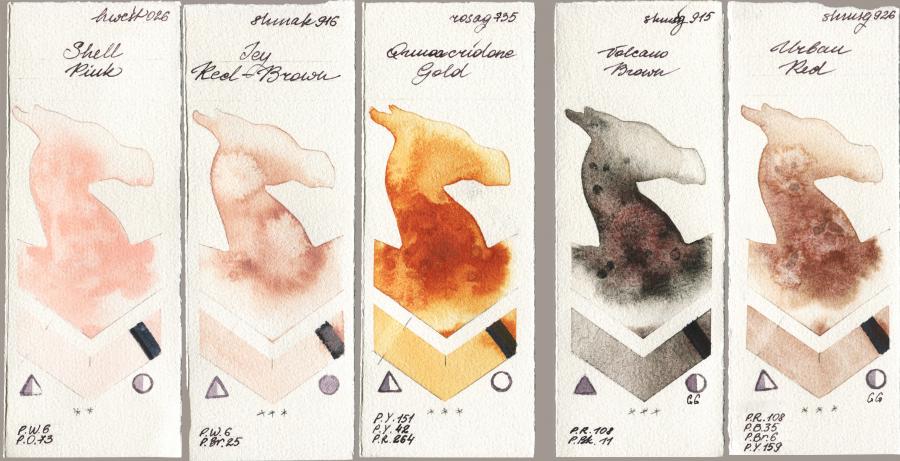 Holbein Artists Watercolor 026 Shell Pink vs Shminke Akademie Aquarell 916 Icy Red-Brown vs Rosa Gallery 735 Quinacridone Gold vs Shminke Horadam Aquarell 915 Volcano Brown vs 926 Urban Red watercolor swatch