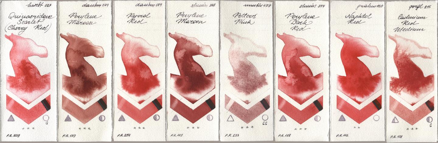 Holbein Artists Watercolor 027 Quinacridone Scarlet (Cherry Red), Daniel Smith 074 Perylene Maroon, 084 Pyrrol Red, Shminke Horadam Aquarell 366 Perylene Maroon, Maimeri Blu 479 Potters Pink, 344 Perylene Dark Red, M. Graham & Co. Artists 120 Naphthol Red, Golden QOR 215 Cadmium Red Medi watercolor swatch