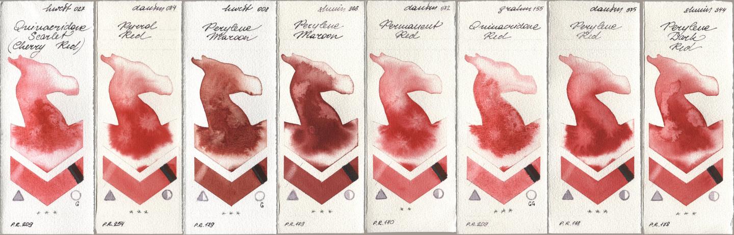 Holbein Artists Watercolor 027 Quinacridone Scarlet (Cherry Red), Daniel Smith 084 Pyrrol Red, 008 Perylene Maroon, Shminke Horadam Aquarell 366 Perylene Maroon, 072 Permanent Red, M. Graham & Co. Artists 155 Quinacridone Red, 075 Perylene Red, 344 Perylene Dark R watercolor swatch
