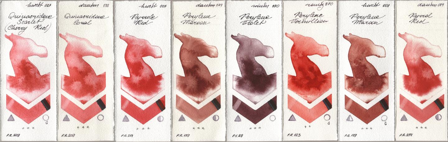 Holbein Artists Watercolor 027 Quinacridone Scarlet (Cherry Red), Daniel Smith 088 Quinacridone Coral, 007 Pyrrole Red, 074 Perylene Maroon, Winsor & Newton Professional 470 Perylene Violet, Roman Szmal Aquarius 370 Perylene Vermillion, 008 Perylene Maroon, 084 Pyrrol R watercolor swatch