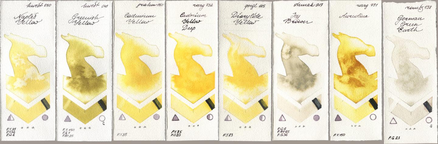 Holbein Artists Watercolor 030 Naples Yellow, 046 Greenish Yellow, M. Graham & Co. Artists 060 Cadmium Yellow, Rosa Gallery 732 Cadmium Yellow Deep, Golden QOR 175 Diarylide Yellow, Shminke Akademie Aquarell 917 Icy Brown, 751 Aureoline, Roman Szmal Aquarius 138 German Green Ear watercolor swatch