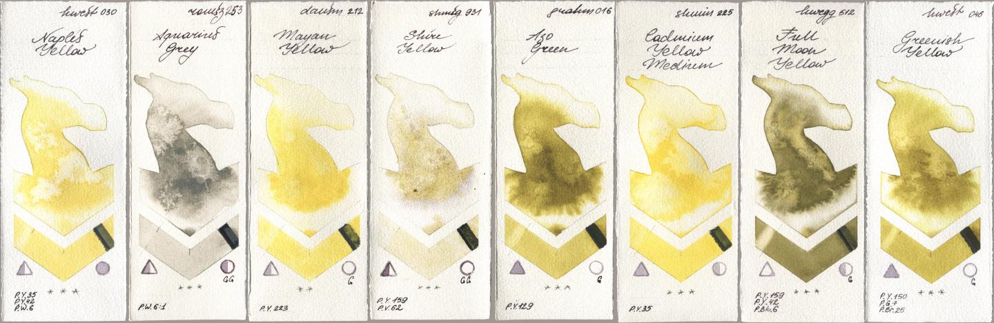 Holbein Artists Watercolor 030 Naples Yellow, Roman Szmal Aquarius 253 Aquarius Grey, Daniel Smith 212 Mayan Yellow, Shminke Horadam Aquarell 931 Shire Yellow, M. Graham & Co. Artists 016 Azo Green, 225 Cadmium Yellow Medium, 512 Full Moon Yellow, 046 Greenish Yell watercolor swatch