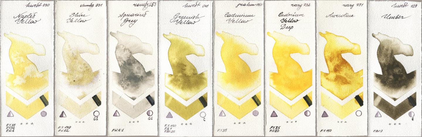 Holbein Artists Watercolor 030 Naples Yellow, Shminke Horadam Aquarell 931 Shire Yellow, Roman Szmal Aquarius 253 Aquarius Grey, 046 Greenish Yellow, M. Graham & Co. Artists 060 Cadmium Yellow, Rosa Gallery 732 Cadmium Yellow Deep, 751 Aureoline, 129 Umb watercolor swatch