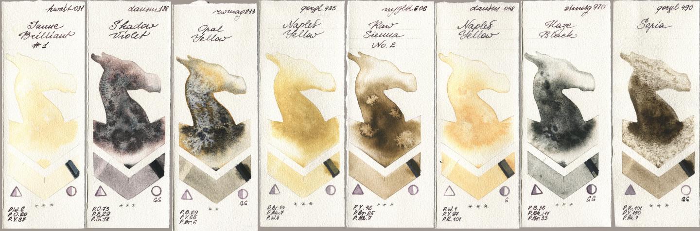 Holbein Artists Watercolor 031 Jaune Brilliant No 1, Daniel Smith 188 Shadow Violet, Rockwell 233 Opal Yellow, Golden QOR 435 Naples Yellow, Mijello Mission Gold 606 Raw Sienna No 2, 058 Naples Yellow, Shminke Horadam Aquarell 970 Haze Black, 490 Sep watercolor swatch