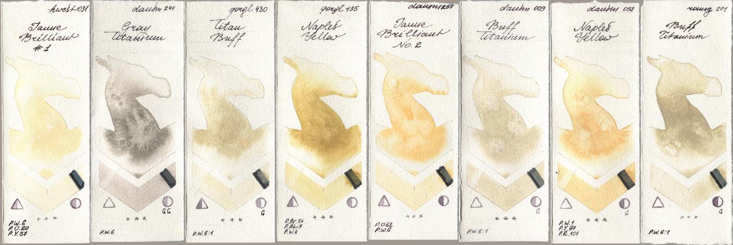 Holbein Artists Watercolor 031 Jaune Brilliant No 1, Daniel Smith 241 Gray Titanium, Golden QOR 430 Titan Buff, 435 Naples Yellow, 257 Jaune Brilliant No 2, 009 Buff Titanium, 058 Naples Yellow, Roman Szmal Aquarius 201 Buff Titani watercolor swatch