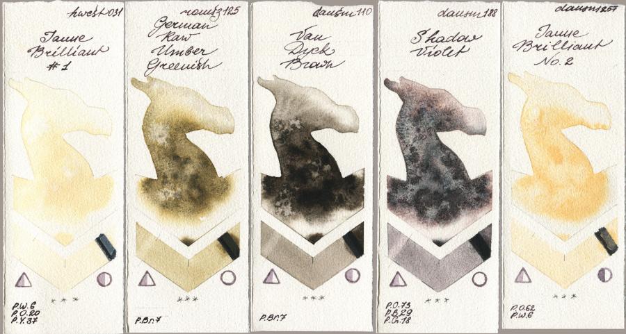Holbein Artists Watercolor 031 Jaune Brilliant No 1 vs Roman Szmal Aquarius 125 German Raw Umber Greenish vs Daniel Smith 110 Van Dyck Brown vs 188 Shadow Violet vs 257 Jaune Brilliant No 2 watercolor swatch