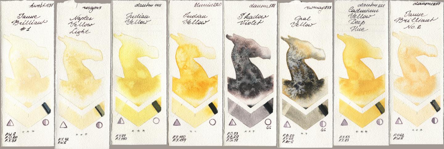 Holbein Artists Watercolor 031 Jaune Brilliant No 1, Rosa Gallery 745 Naples Yellow Light, Daniel Smith 045 Indian Yellow, Shminke Horadam Aquarell 220 Indian Yellow, 188 Shadow Violet, Rockwell 233 Opal Yellow, 221 Cadmium Yellow Deep Hue, 257 Jaune Brilliant No watercolor swatch