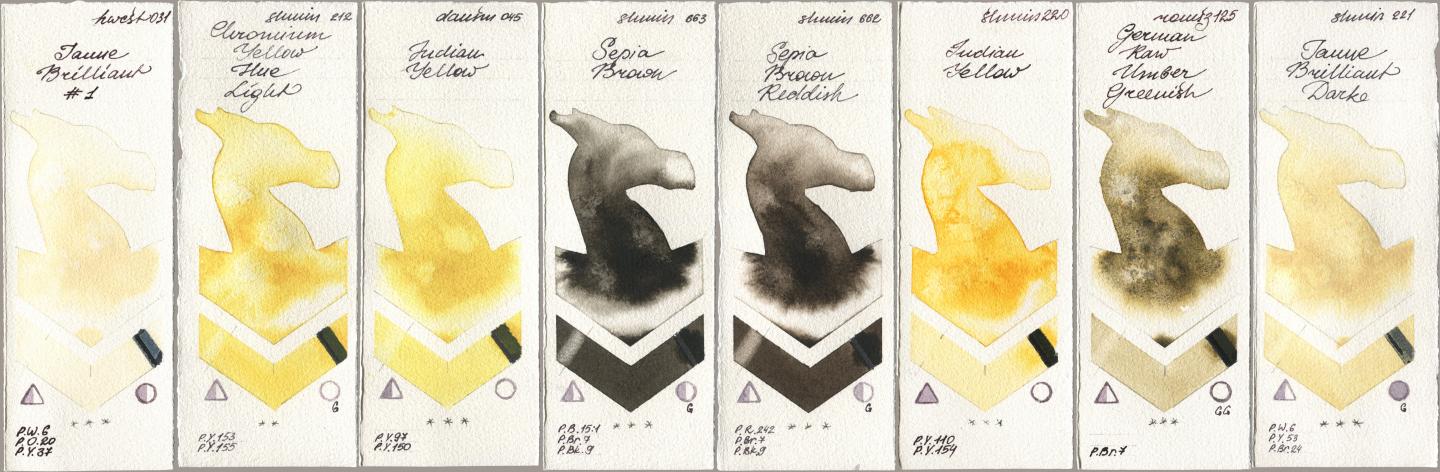 Holbein Artists Watercolor 031 Jaune Brilliant No 1, Shminke Horadam Aquarell 212 Chromium Yellow Hue Light, Daniel Smith 045 Indian Yellow, 663 Sepia Brown, 662 Sepia Brown Reddish, 220 Indian Yellow, Roman Szmal Aquarius 125 German Raw Umber Greenish, 221 Brilliant Yellow Dark (Jaune Brilliant Dar watercolor swatch