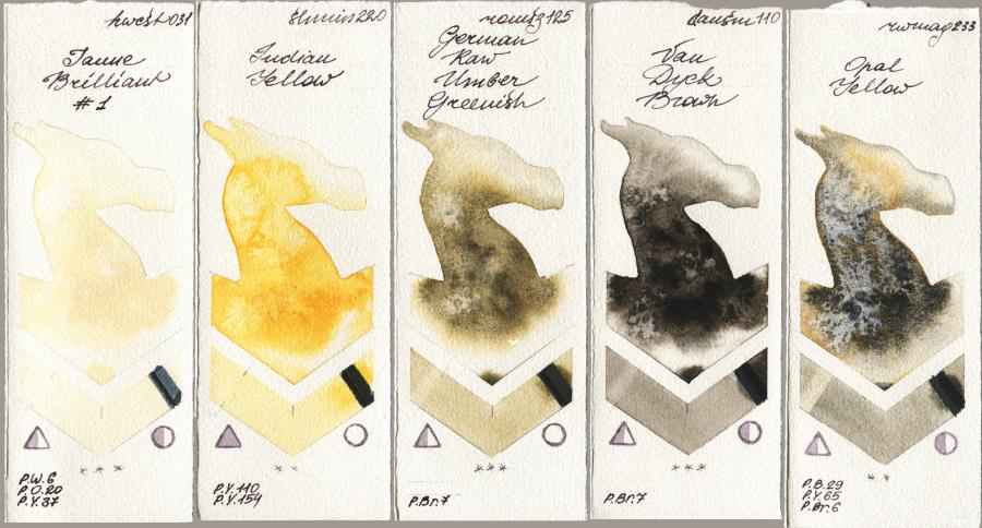 Holbein Artists Watercolor 031 Jaune Brilliant No 1 vs Shminke Horadam Aquarell 220 Indian Yellow vs Roman Szmal Aquarius 125 German Raw Umber Greenish vs Daniel Smith 110 Van Dyck Brown vs Rockwell 233 Opal Yellow watercolor swatch