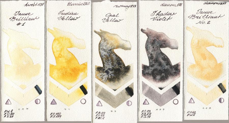 Holbein Artists Watercolor 031 Jaune Brilliant No 1 vs Shminke Horadam Aquarell 220 Indian Yellow vs Rockwell 233 Opal Yellow vs Daniel Smith 188 Shadow Violet vs 257 Jaune Brilliant No 2 watercolor swatch