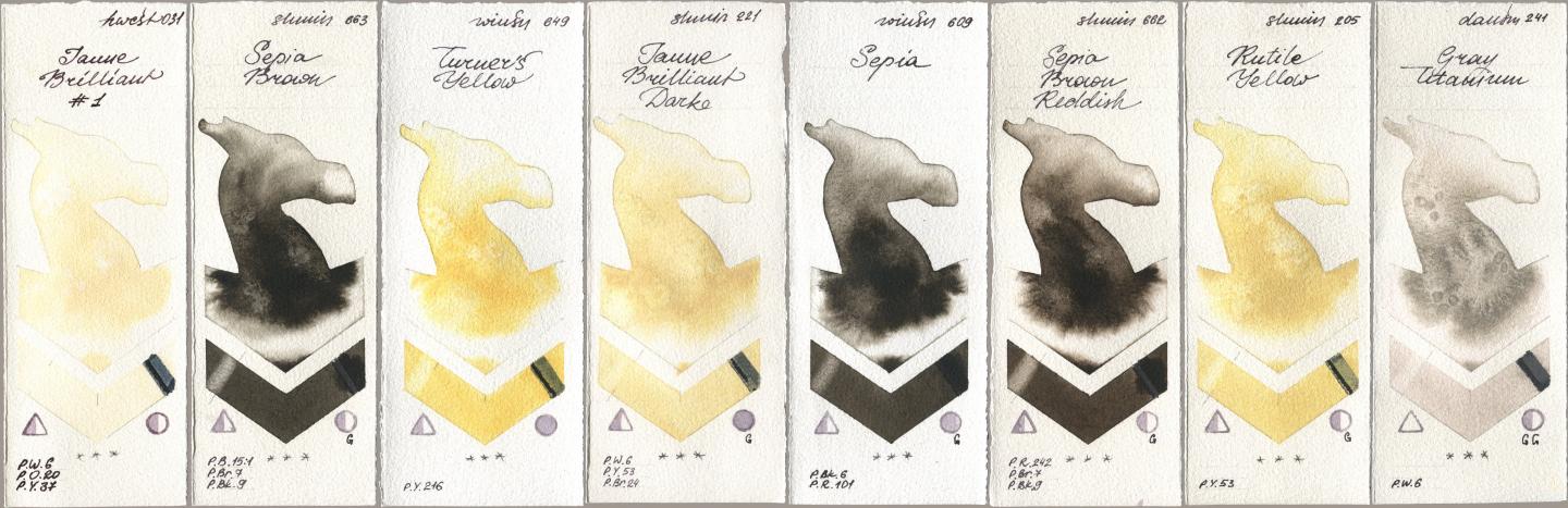 Holbein Artists Watercolor 031 Jaune Brilliant No 1, Shminke Horadam Aquarell 663 Sepia Brown, Winsor & Newton Professional 649 Turners Yellow, 221 Brilliant Yellow Dark (Jaune Brilliant Dark), 609 Sepia, 662 Sepia Brown Reddish, 205 Rutile Yellow, Daniel Smith 241 Gray Titani watercolor swatch