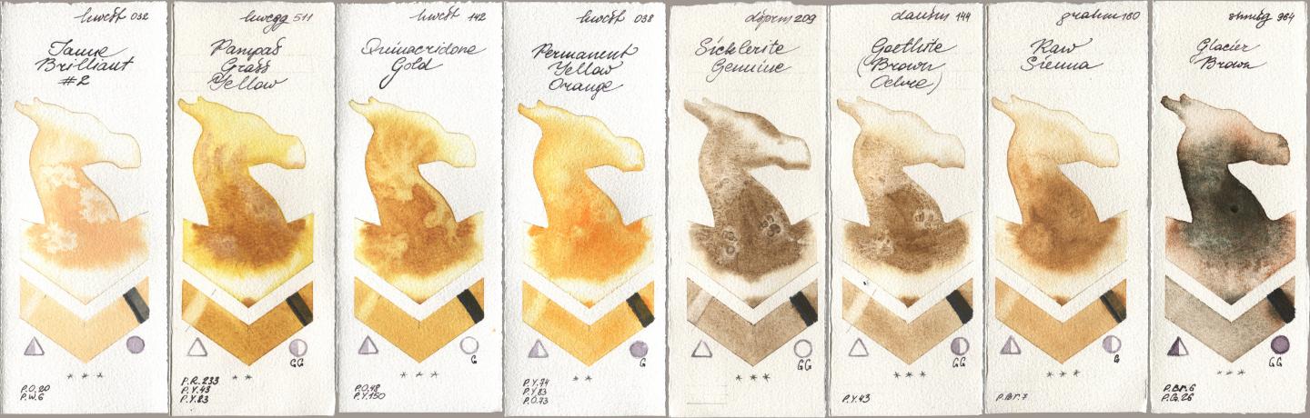 Holbein Artists Watercolor 032 Jaune Brillant No 2, 511 Pampas Grass Yellow, 142 Quinacridone Gold, 038 Permanent Yellow Orange, Daniel Smith 209 Sicklerite Genuine, 144 Goethite (Brown Ochre), M. Graham & Co. Artists 160 Raw Sienna, Shminke Horadam Aquarell 964 Glacier Bro watercolor swatch