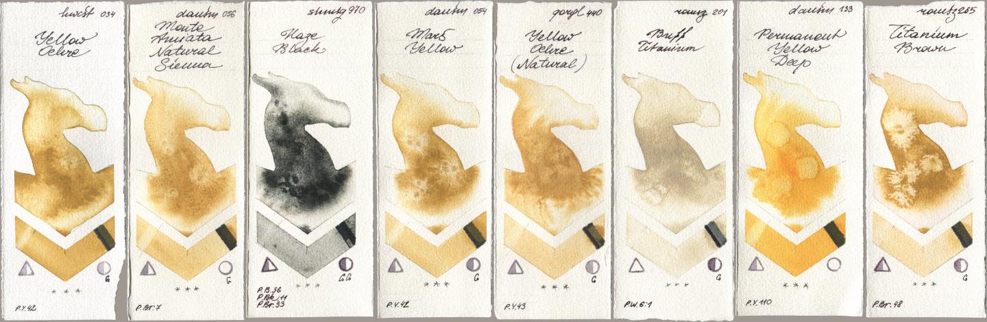 Holbein Artists Watercolor 034 Yellow Ochre, Daniel Smith 056 Monte Amiata Natural Sienna, Shminke Horadam Aquarell 970 Haze Black, 054 Mars Yellow, Golden QOR 440 Yellow Ochre (Natural), Roman Szmal Aquarius 201 Buff Titanium, 133 Permanent Yellow Deep, 265 Titanium Bro watercolor swatch