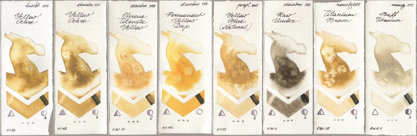Holbein Artists Watercolor 034 Yellow Ochre, Shminke Horadam Aquarell 655 Yellow Ochre, Daniel Smith 253 Chrome Titanate Yellow, 133 Permanent Yellow Deep, Golden QOR 440 Yellow Ochre (Natural), 097 Raw Umber, Roman Szmal Aquarius 265 Titanium Brown, 201 Buff Titani watercolor swatch