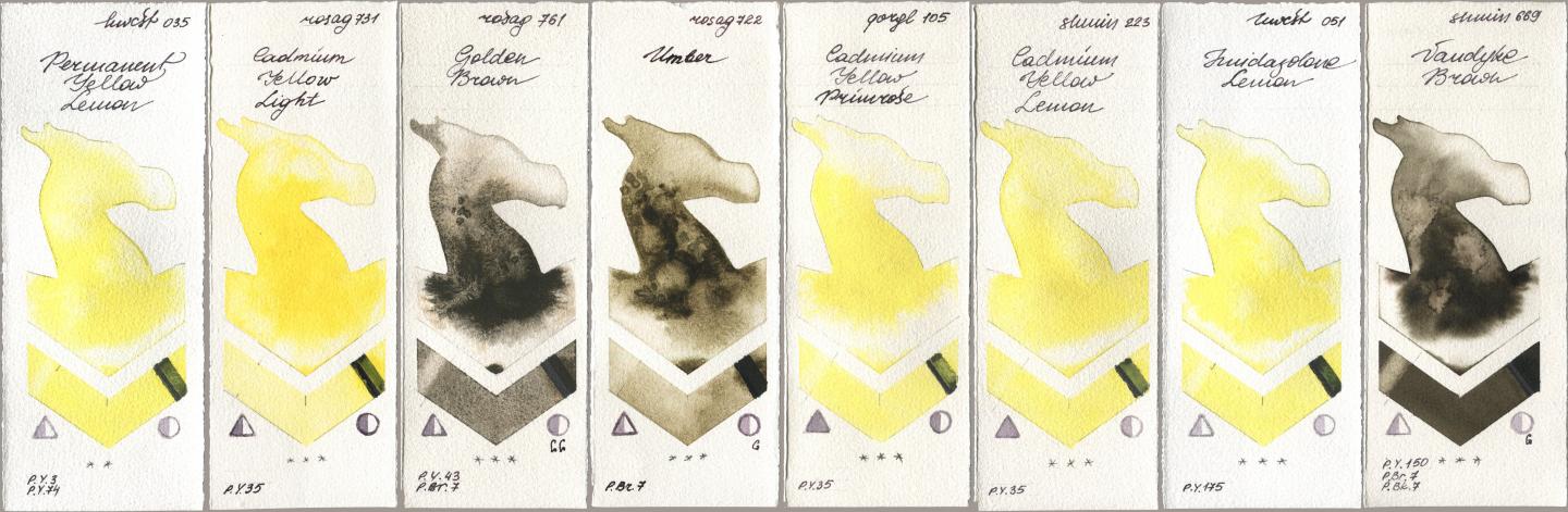 Holbein Artists Watercolor 035 Permanent Yellow Lemon, Rosa Gallery 731 Cadmium Yellow Light, 761 Golden Brown, 722 Umber, Golden QOR 105 Cadmium Yellow Primrose, Shminke Horadam Aquarell 223 Cadmium Yellow Lemon, 051 Imidazolone Lemon, 669 Vandyke Bro watercolor swatch