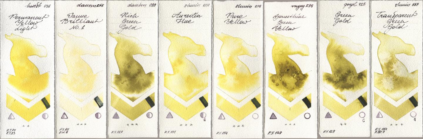 Holbein Artists Watercolor 036 Permanent Yellow Light, Daniel Smith 256 Jaune Brilliant No 1, 099 Rich Green Gold, Shminke Horadam Aquarell 208 Aureolin Hue, 216 Pure Yellow, Royal Talens Van Gogh Watercolour 296 Azomethine Green Yellow, Golden QOR 425 Green Gold, 537 Transparent Green Go watercolor swatch