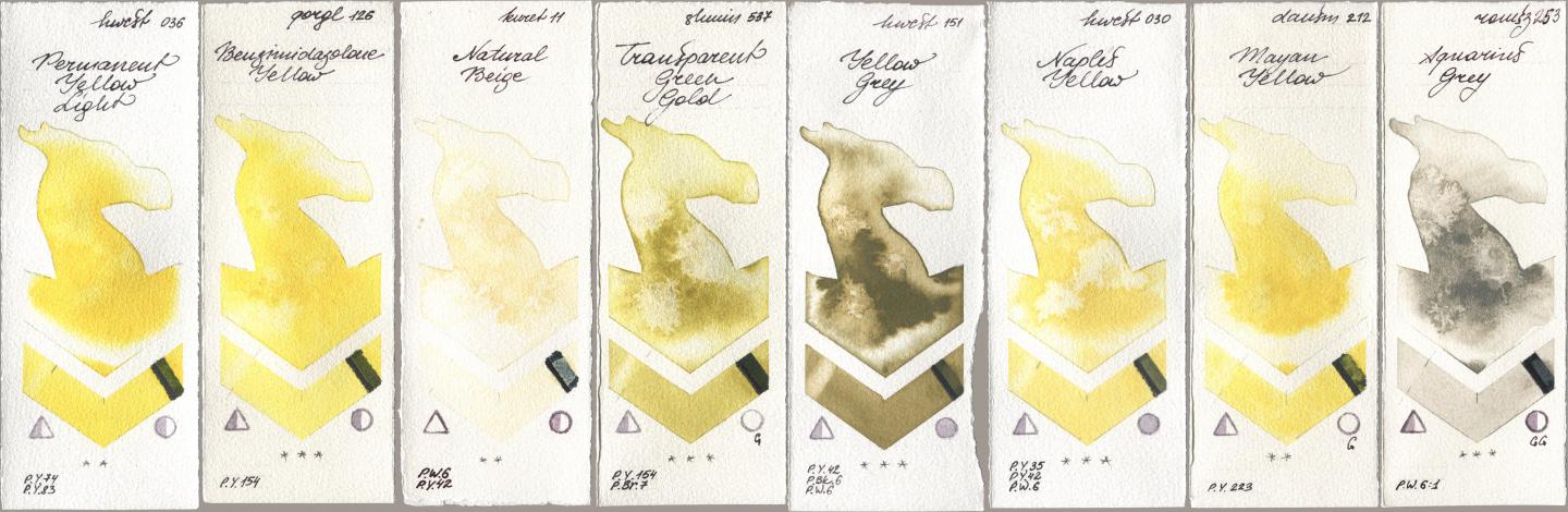 Holbein Artists Watercolor 036 Permanent Yellow Light, Golden QOR 126 Benzimidazolone Yellow, Kuretake Gansai Tambi 011 Natural Beige, Shminke Horadam Aquarell 537 Transparent Green Gold, 151 Yellow Grey, 030 Naples Yellow, Daniel Smith 212 Mayan Yellow, Roman Szmal Aquarius 253 Aquarius Gr watercolor swatch