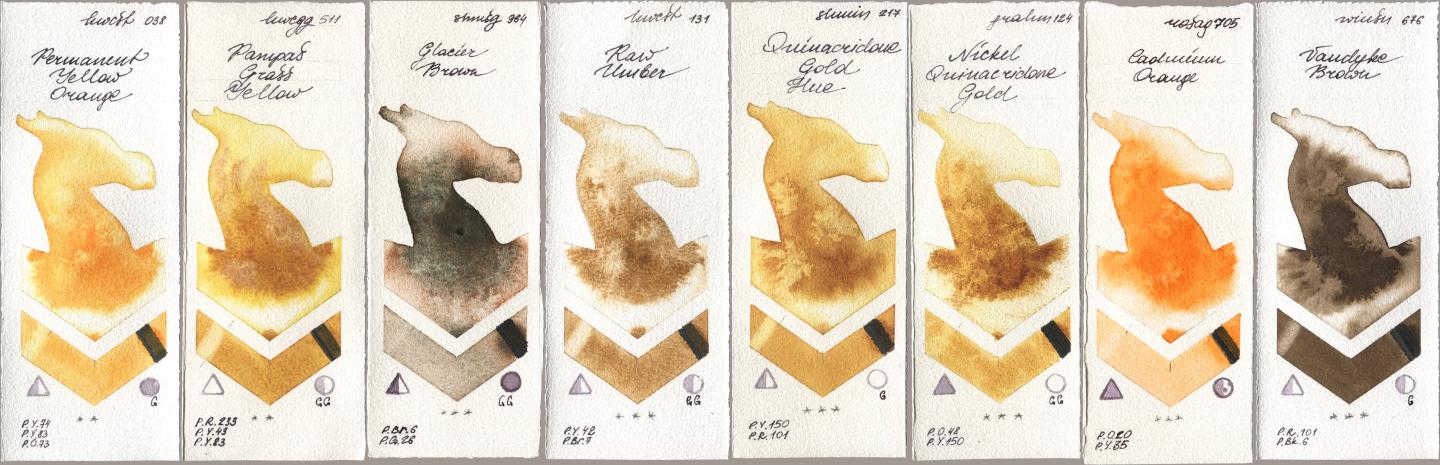 Holbein Artists Watercolor 038 Permanent Yellow Orange, 511 Pampas Grass Yellow, Shminke Horadam Aquarell 964 Glacier Brown, 131 Raw Umber, 217 Quinacridone Gold Hue, M. Graham & Co. Artists 124 Nickel Quinacridone Gold, Rosa Gallery 705 Cadmium Orange, Winsor & Newton Professional 676 Vandyke Bro watercolor swatch