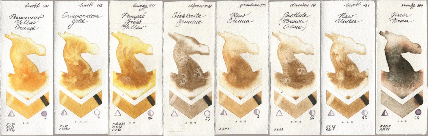 Holbein Artists Watercolor 038 Permanent Yellow Orange, 142 Quinacridone Gold, 511 Pampas Grass Yellow, Daniel Smith 209 Sicklerite Genuine, M. Graham & Co. Artists 160 Raw Sienna, 144 Goethite (Brown Ochre), 131 Raw Umber, Shminke Horadam Aquarell 964 Glacier Bro watercolor swatch