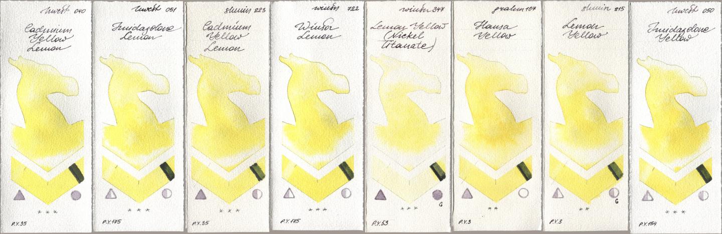 Holbein Artists Watercolor 040 Cadmium Yellow Lemon, 051 Imidazolone Lemon, Shminke Horadam Aquarell 223 Cadmium Yellow Lemon, Winsor & Newton Professional 722 Winsor Lemon, 347 Lemon Yellow (Nickel Titanate), M. Graham & Co. Artists 107 Hansa Yellow, 215 Lemon Yellow, 050 Imidazolone Yell watercolor swatch
