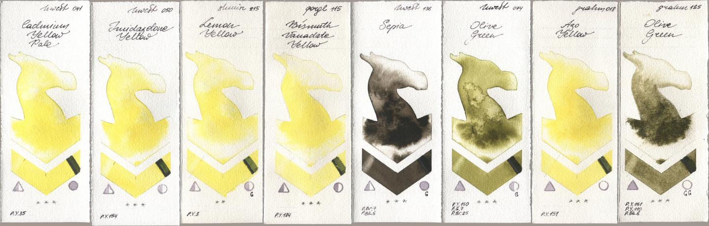 Holbein Artists Watercolor 041 Cadmium Yellow Pale, 050 Imidazolone Yellow, Shminke Horadam Aquarell 215 Lemon Yellow, Golden QOR 115 Bismuth Vanadate Yellow, 136 Sepia, 074 Olive Green, M. Graham & Co. Artists 018 Azo Yellow, 125 Olive Gre watercolor swatch