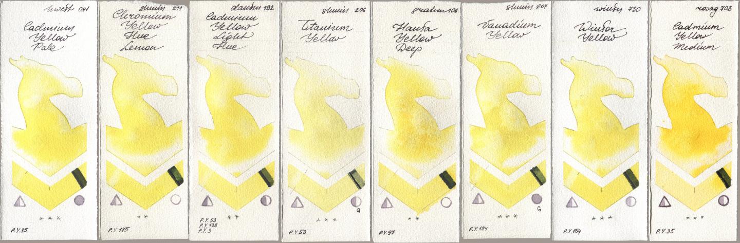 Holbein Artists Watercolor 041 Cadmium Yellow Pale, Shminke Horadam Aquarell 211 Chromium Yellow Hue Lemon, Daniel Smith 192 Cadmium Yellow Light Hue, 206 Titanium Yellow, M. Graham & Co. Artists 106 Hansa Yellow Deep, 207 Vanadium Yellow, Winsor & Newton Professional 730 Winsor Yellow, Rosa Gallery 703 Cadmium Yellow Medi watercolor swatch