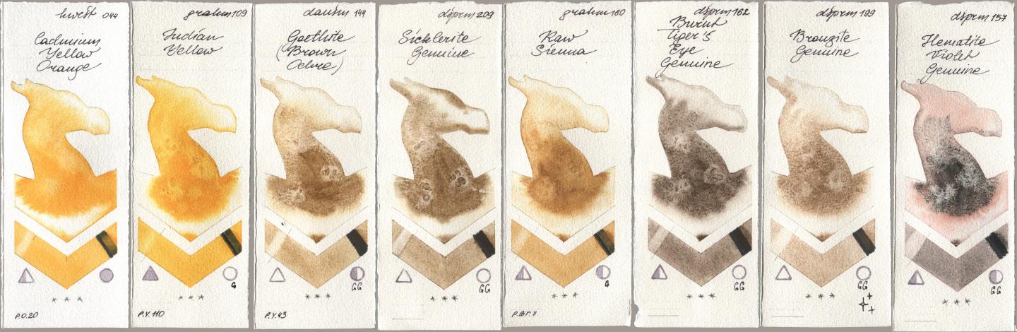 Holbein Artists Watercolor 044 Cadmium Yellow Orange, M. Graham & Co. Artists 109 Indian Yellow, Daniel Smith 144 Goethite (Brown Ochre), 209 Sicklerite Genuine, 160 Raw Sienna, 162 Burnt Tigers Eye Genuine, 199 Bronzite Genuine, 157 Hematite Violet Genui watercolor swatch