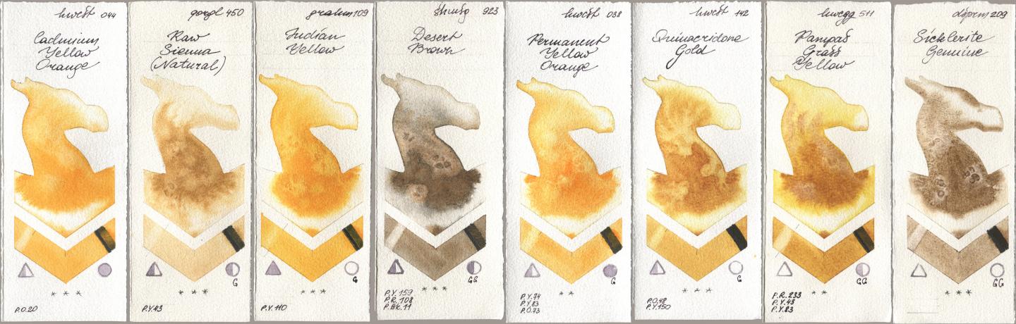 Holbein Artists Watercolor 044 Cadmium Yellow Orange, Golden QOR 450 Raw Sienna (Natural), M. Graham & Co. Artists 109 Indian Yellow, Shminke Horadam Aquarell 923 Desert Brown, 038 Permanent Yellow Orange, 142 Quinacridone Gold, 511 Pampas Grass Yellow, Daniel Smith 209 Sicklerite Genui watercolor swatch