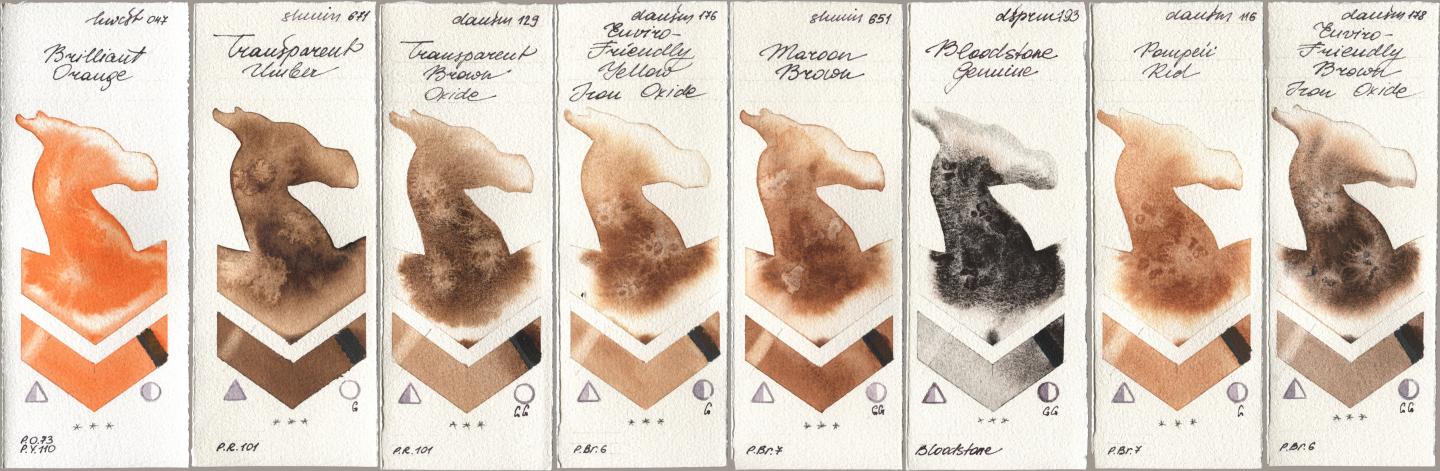 Holbein Artists Watercolor 047 Brilliant Orange, Shminke Horadam Aquarell 671 Transparent Umber, Daniel Smith 129 Transparent Brown Oxide, 176 Enviro-Friendly Yellow Iron Oxide, 651 Maroon Brown, 193 Bloodstone Genuine, 116 Pompeii Red, 178 Enviro-Friendly Brown Iron Oxi watercolor swatch