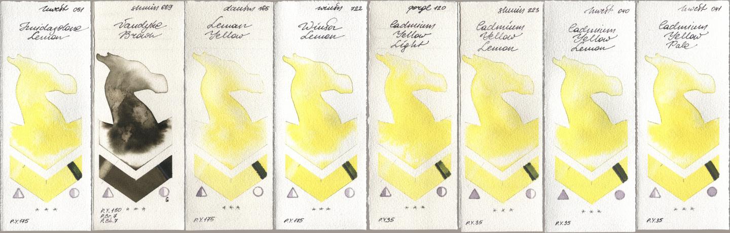 Holbein Artists Watercolor 051 Imidazolone Lemon, Shminke Horadam Aquarell 669 Vandyke Brown, Daniel Smith 165 Lemon Yellow, Winsor & Newton Professional 722 Winsor Lemon, Golden QOR 120 Cadmium Yellow Light, 223 Cadmium Yellow Lemon, 040 Cadmium Yellow Lemon, 041 Cadmium Yellow Pa watercolor swatch